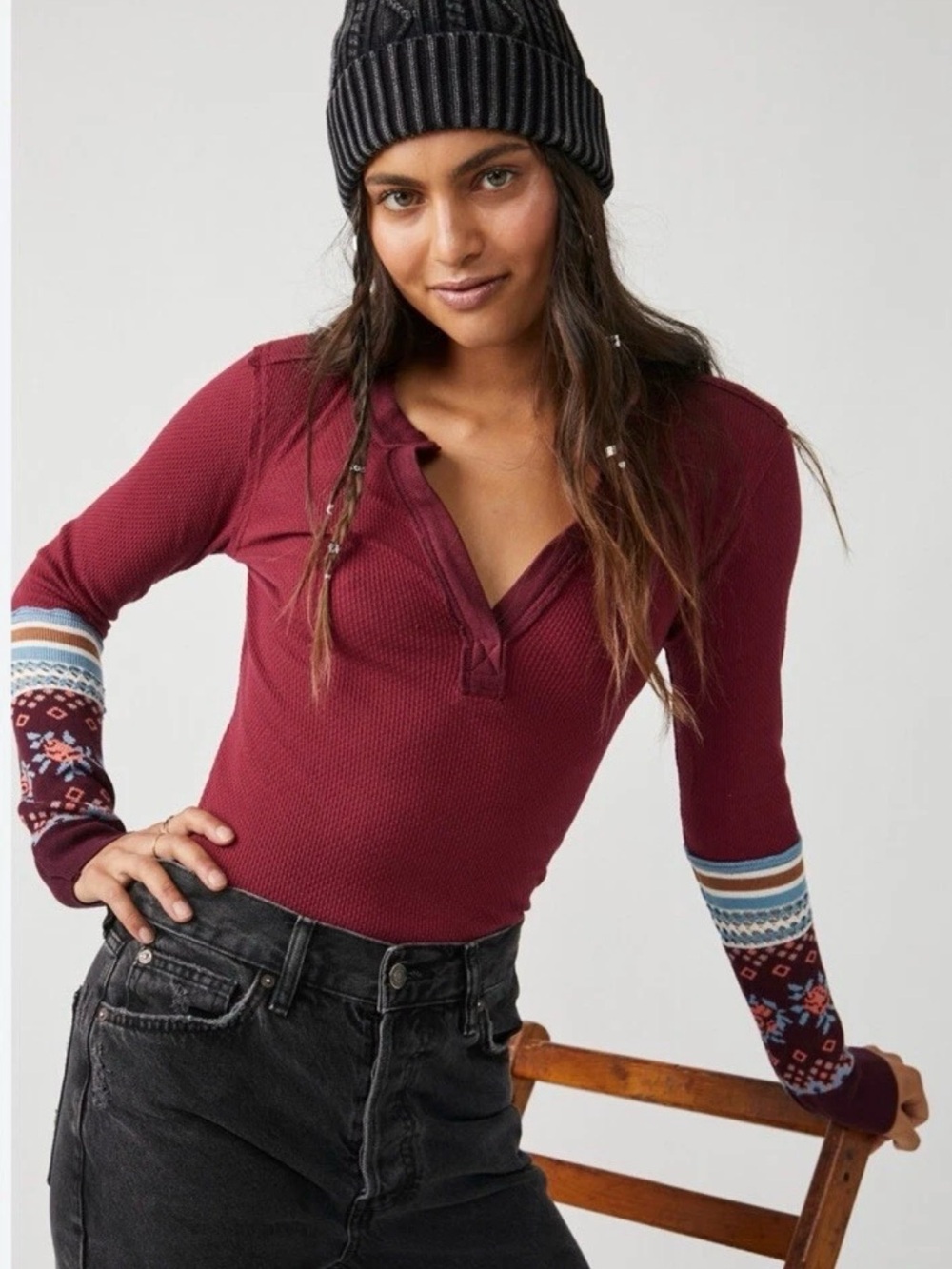 Free People Mikah Layering Cuff Henley Wine Combo Print Accent Cuffs XS